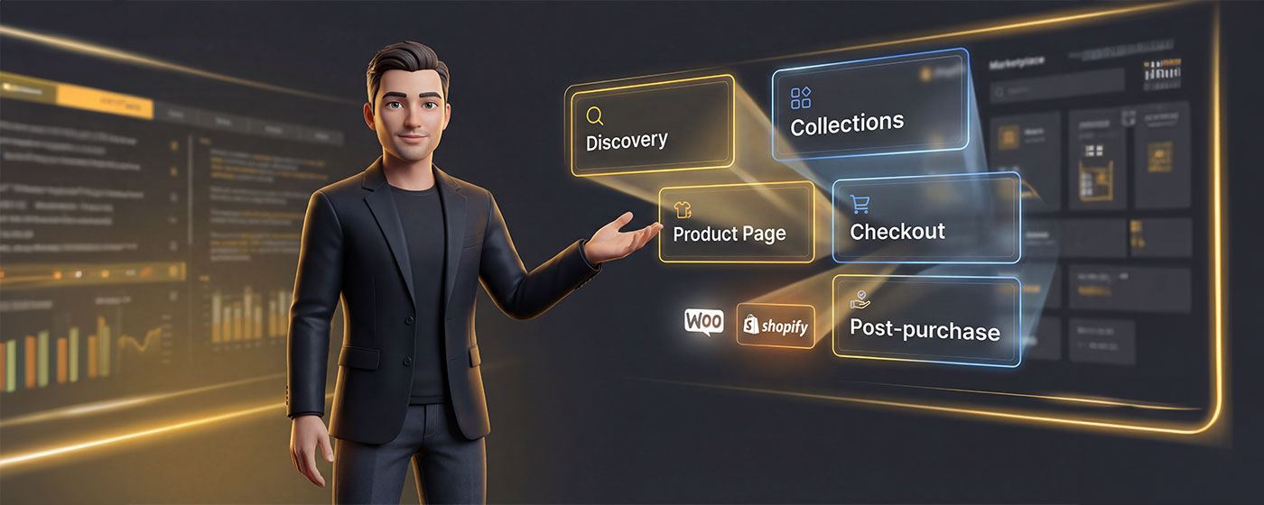 Blog Post Image January 08 2026. A semi-realistic AI avatar (gender-neutral, professional, friendly) stands slightly off-center, gesturing toward floating holographic UI panels: “Discovery”, “Collections”, “Product Page”, “Checkout”, “Post-purchase”. Color palette: Colourful and vibrant with dark grey background, strong yellowish-orange glow accents, small white UI text.