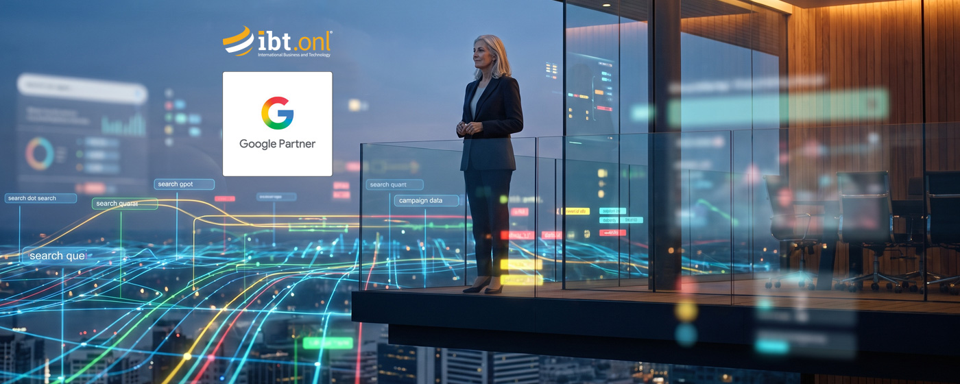 IBT Online Google Partner banner showing a businesswoman in a modern office overlooking digital search and campaign data visualisations.