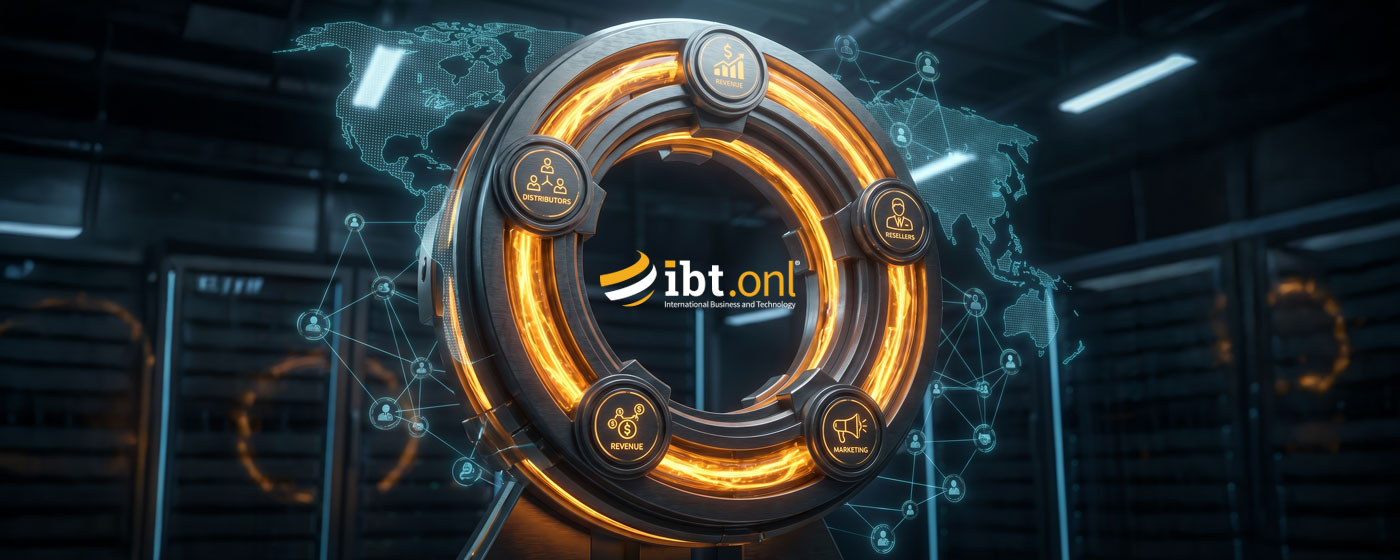 Illustration of a futuristic digital flywheel representing international business growth, with interconnected segments symbolizing distributors, resellers, agents, marketing, and revenue generation. Glowing amber energy flows through the system while global market connections and regional partner networks surround the structure, conveying coordinated international expansion and channel-driven growth.