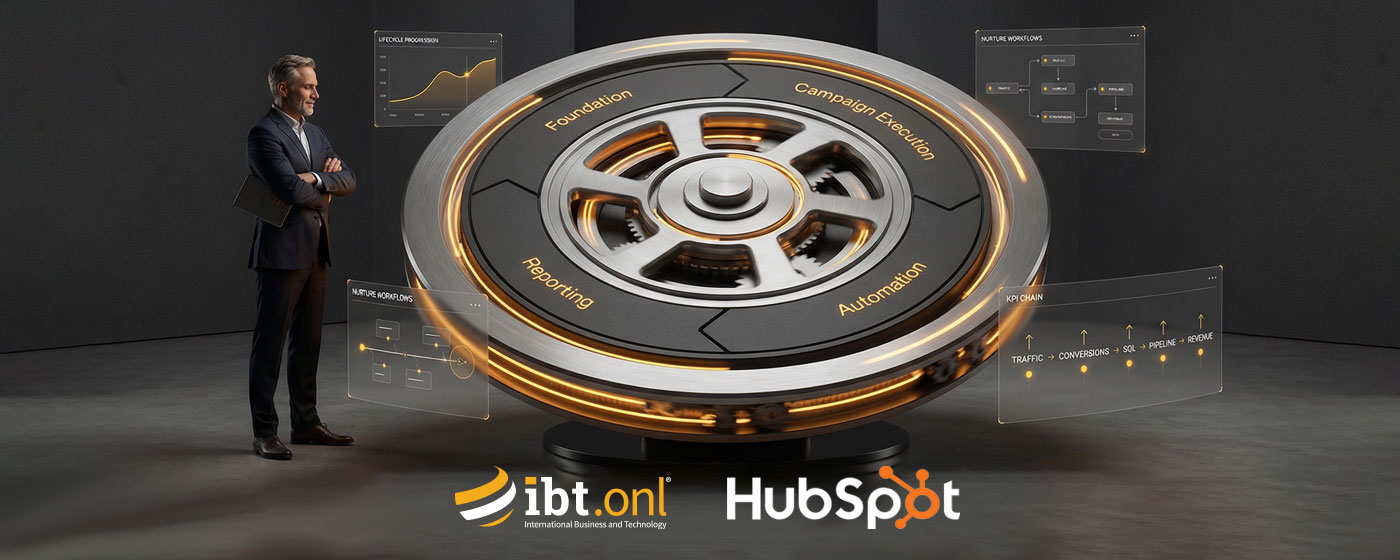 Mechanical flywheel representing repeatable HubSpot campaign engine generating continuous pipeline momentum.