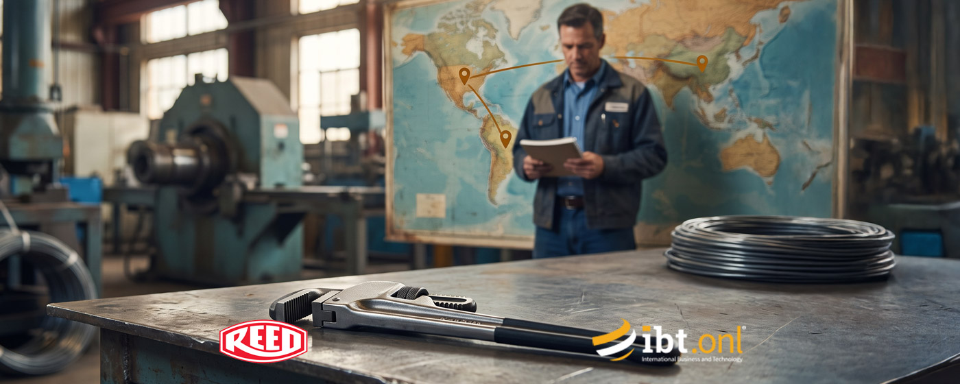 Manufacturing professional reviewing documents in a workshop with a world map highlighting international markets.