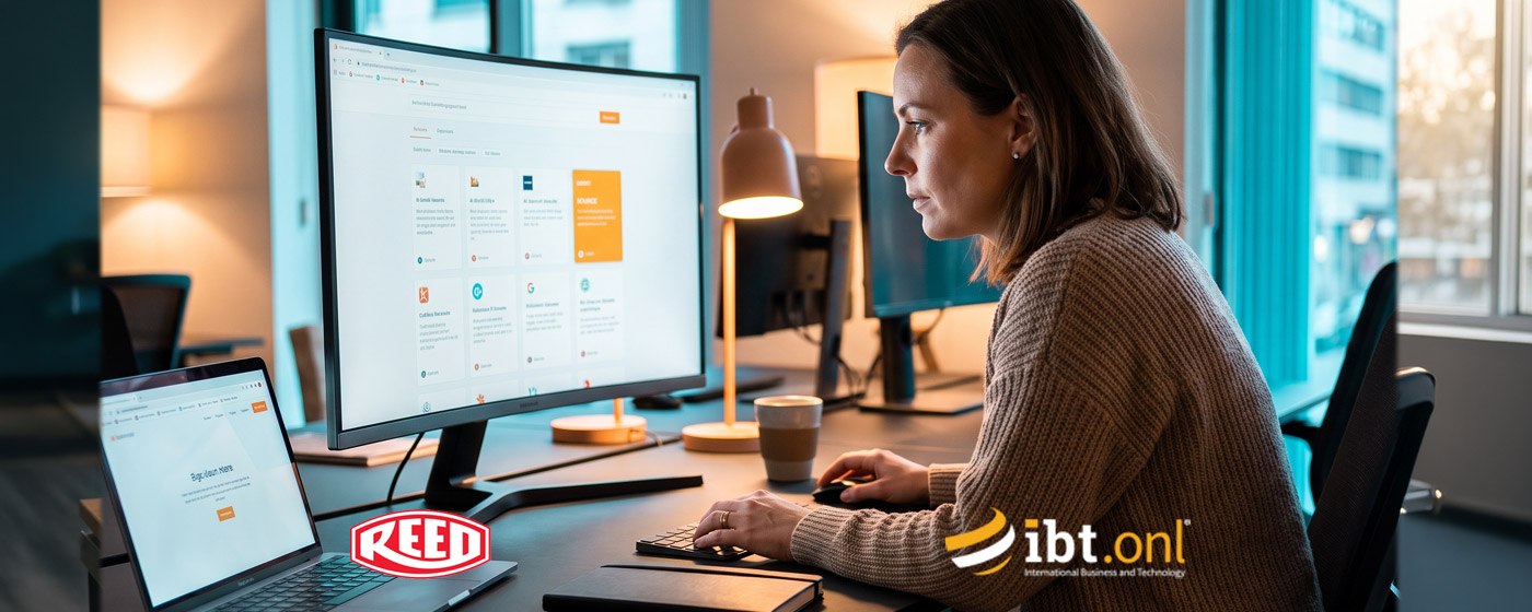Marketing professional working at a computer on international digital marketing and website management.