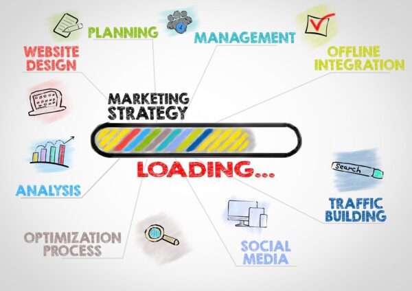 marketing strategy Concept. Chart with keywords and icons on gray background.