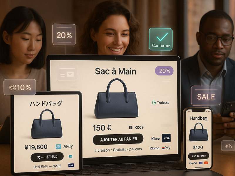 Ecommerce Localisation image - Multilingual ecommerce interface displayed across multiple devices - laptop, tablet, and mobile—showcasing a single product localized for different regions. Each version reflects specific adaptations: local language, regional pricing (€, $, ¥), native payment icons (e.g., Klarna, PayPal), and localized shipping options.