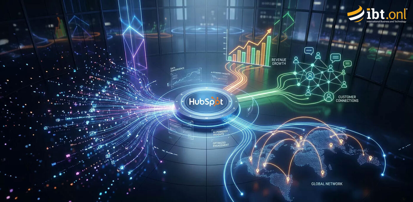 Abstract visualization of marketing data streams converging into a central platform and expanding into growth analytics and global customer connections