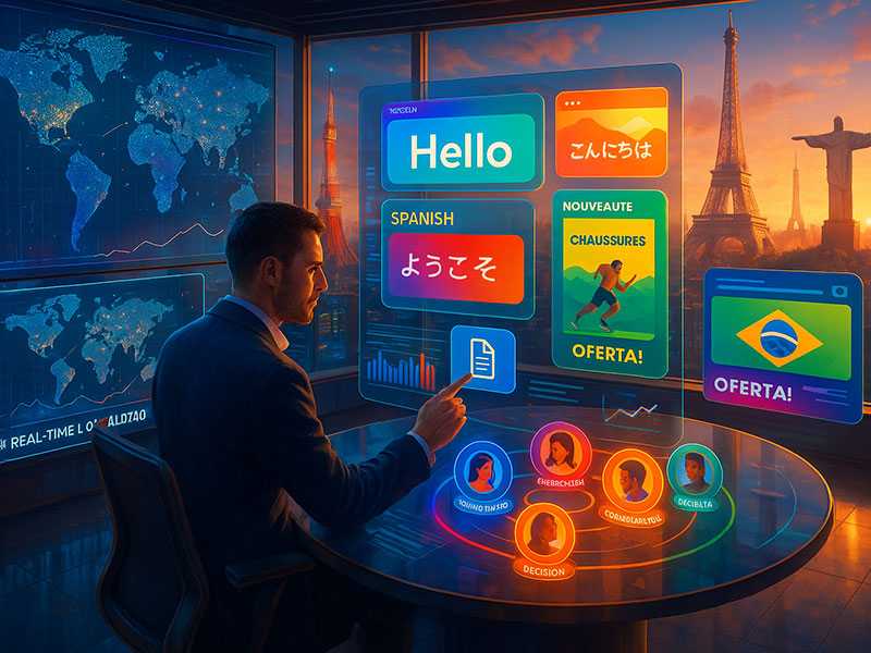 Digital Marketing Localization A vibrant scene of a futuristic international marketing hub, bathed in sunrise light. In the center, a professional marketer localizes digital campaign assets in real-time on an ultra-modern, glass-panel multilingual interface.