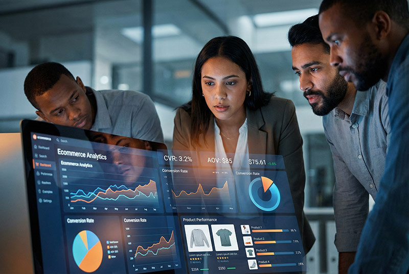 Close-up of a small group of IBT Online professionals leaning in toward a large screen displaying ecommerce analytics and product performance data.