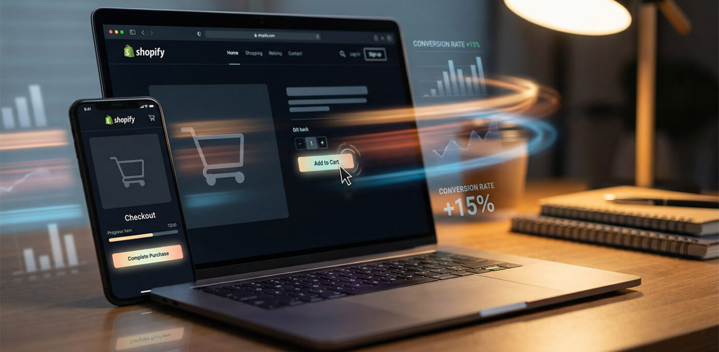 Shopify ecommerce store displayed on laptop and mobile with fast checkout, analytics overlays, and performance growth indicators.