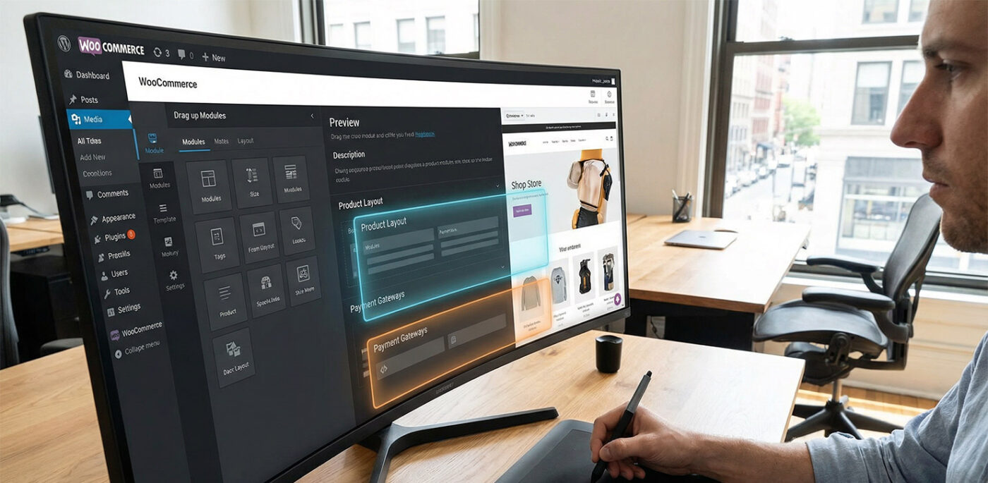 Designer working on a large screen displaying a WooCommerce dashboard with modular layout tools, product configuration, and payment gateway settings in a modern office.